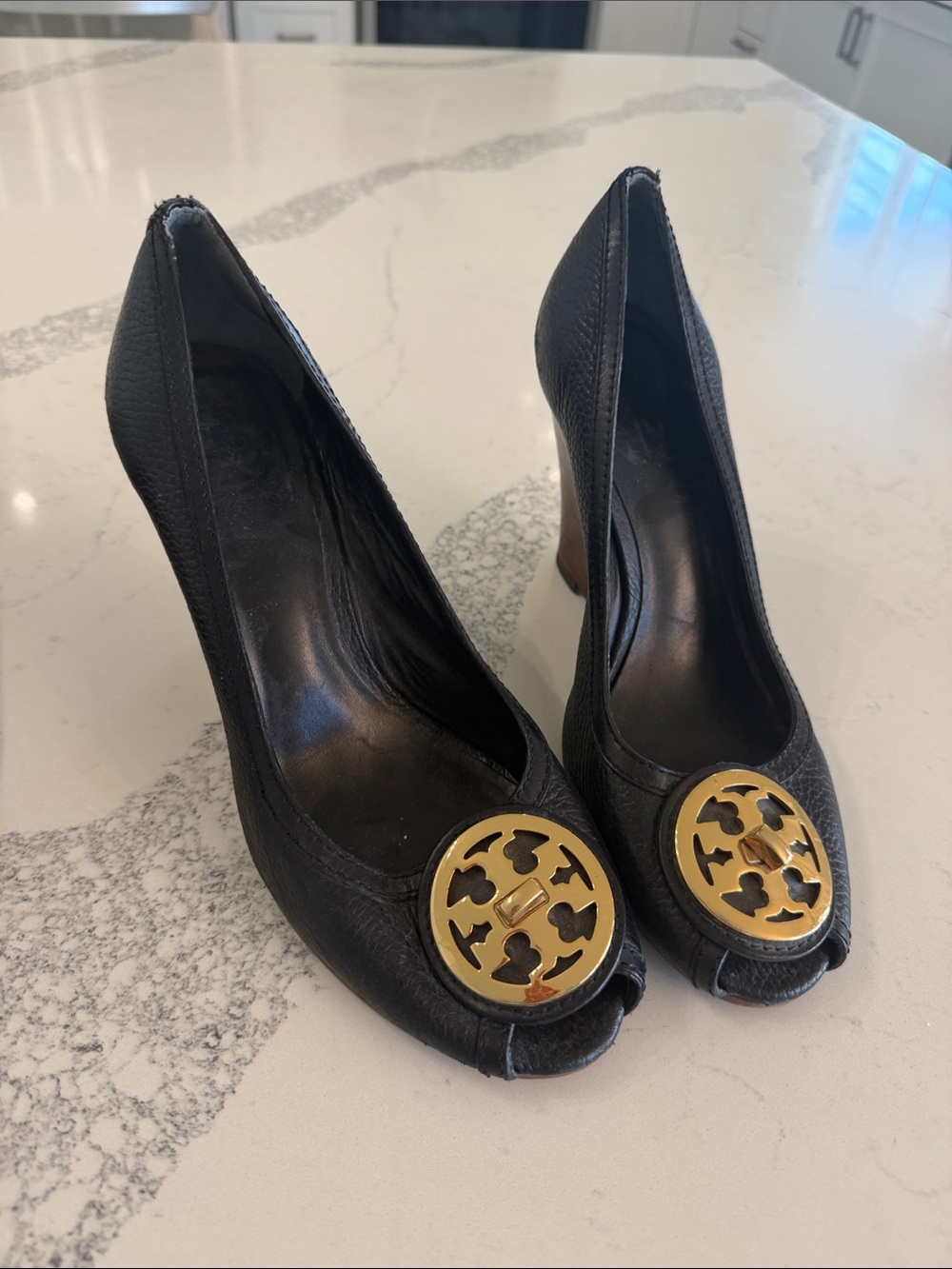 Tory Burch Black Leather Peep-Toe Wedge Heels with Gold Logo